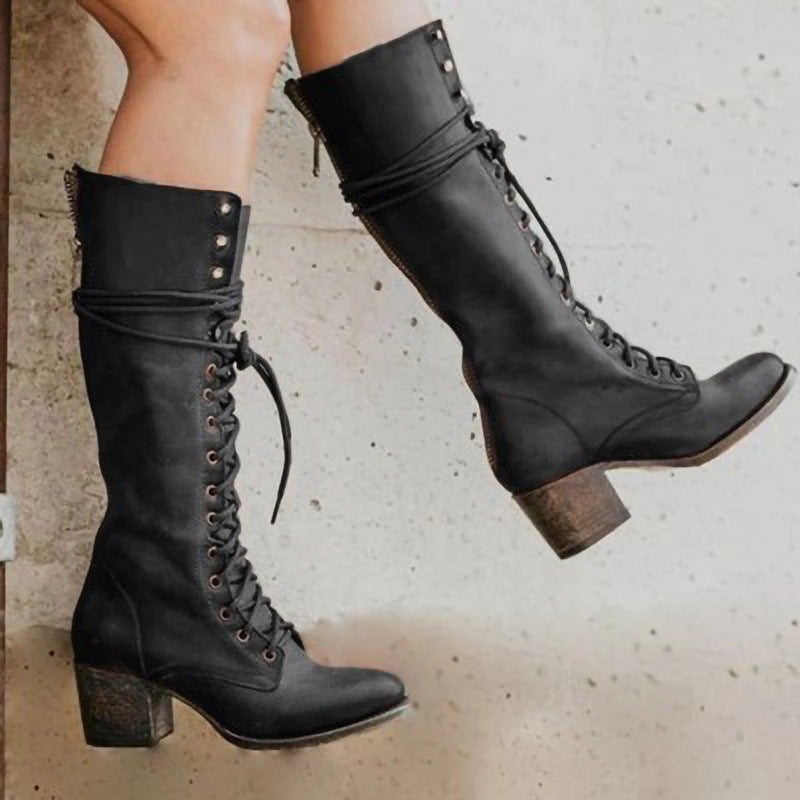 Bottes d’hiver femme jusqu’aux genoux à lacets | talon épais et fermeture éclair latérale