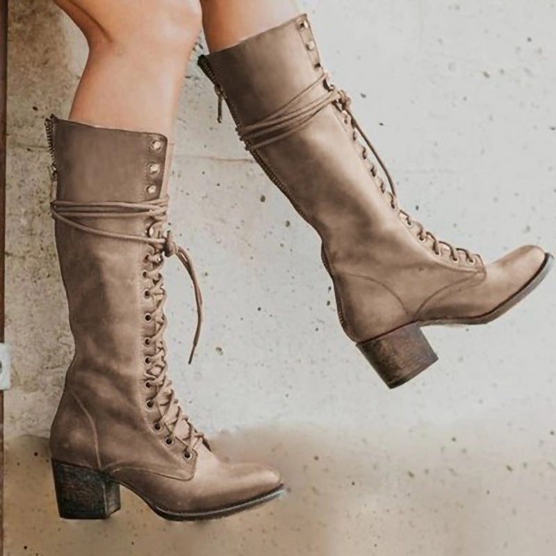 Bottes d’hiver femme jusqu’aux genoux à lacets | talon épais et fermeture éclair latérale