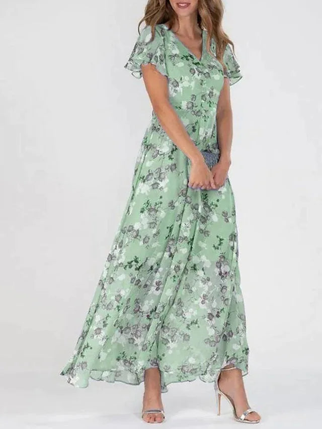 Rochie maxi de vară pentru femei, cu imprimeu floral, decolteu în V și mâneci cu volane