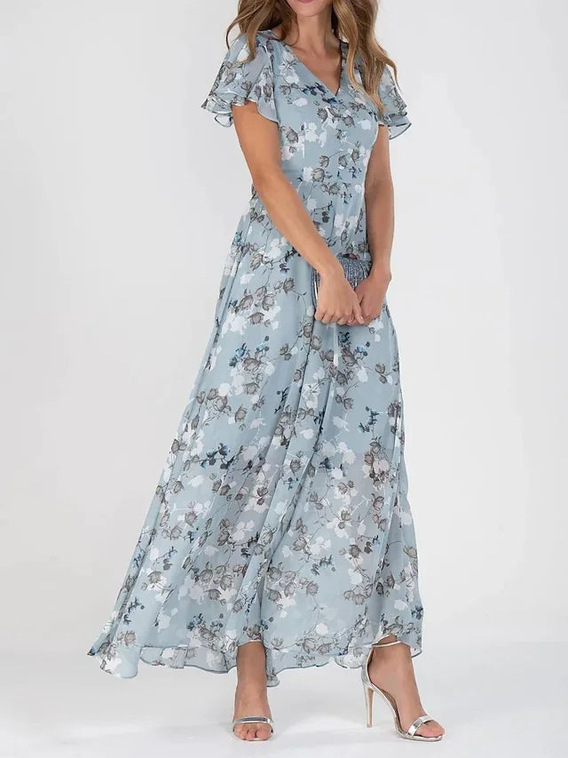 Rochie maxi de vară pentru femei, cu imprimeu floral, decolteu în V și mâneci cu volane