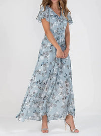 Rochie maxi de vară pentru femei, cu imprimeu floral, decolteu în V și mâneci cu volane