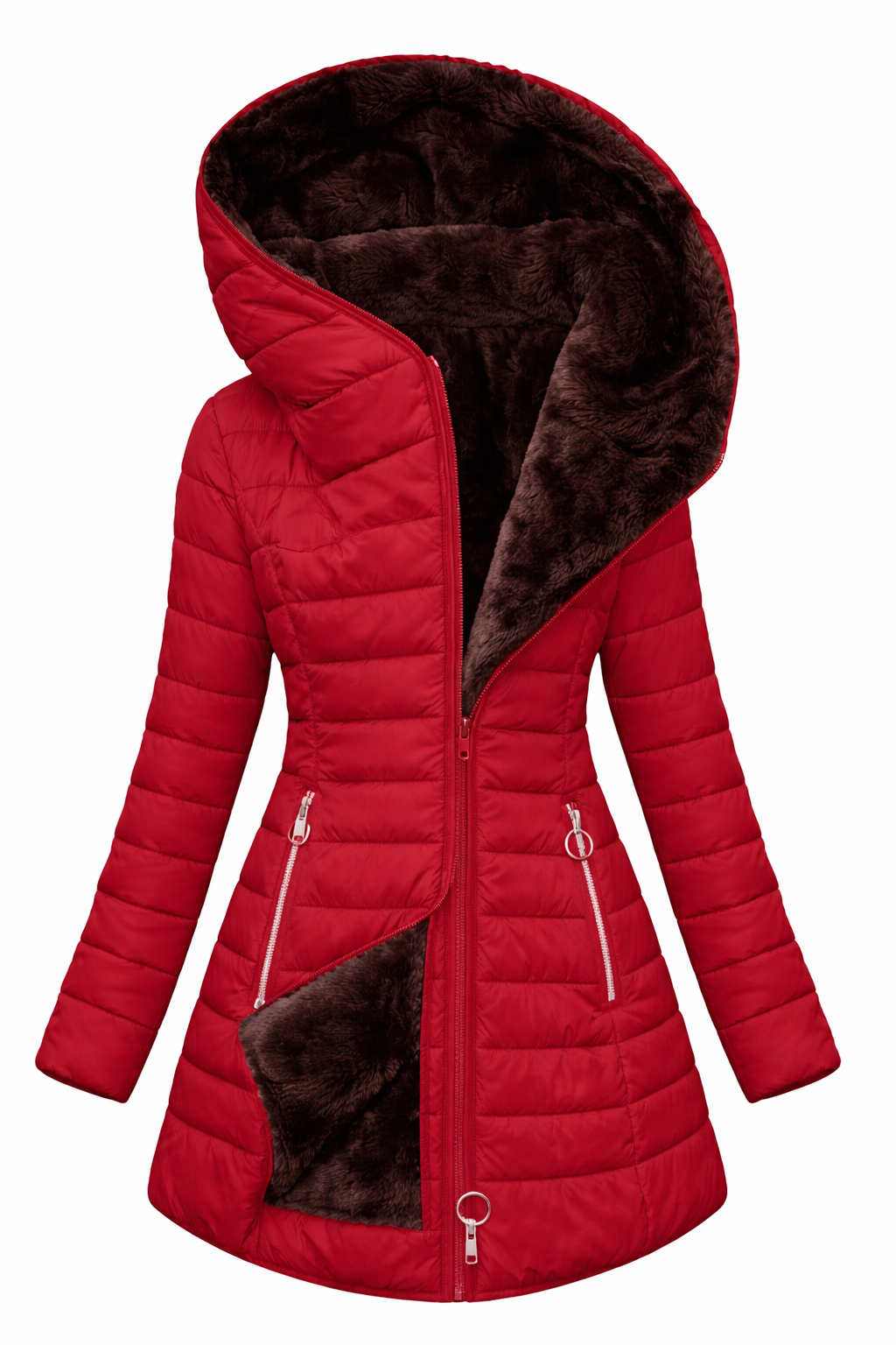 Giacca invernale da donna con cappuccio | Imbottita con fodera in peluche e cerniera asimmetrica