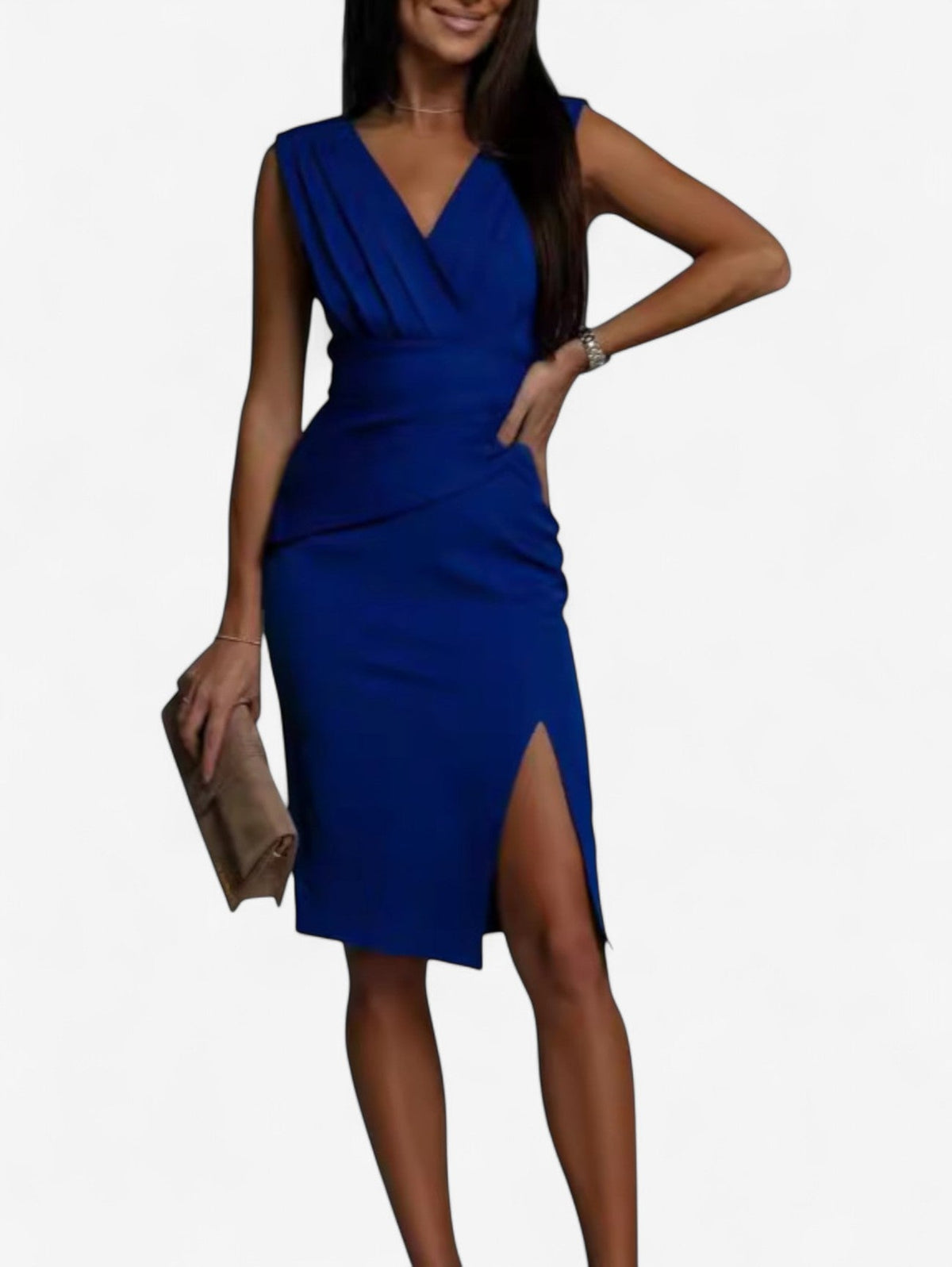 Robe longue ajustée sans manches pour femme avec décolleté en V et fente