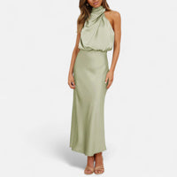 Women's sleeveless halter maxi dress with a high collar