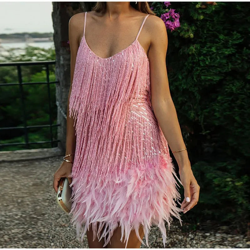 Robe courte de soirée pour femme à bretelles, avec franges et finition décorative
