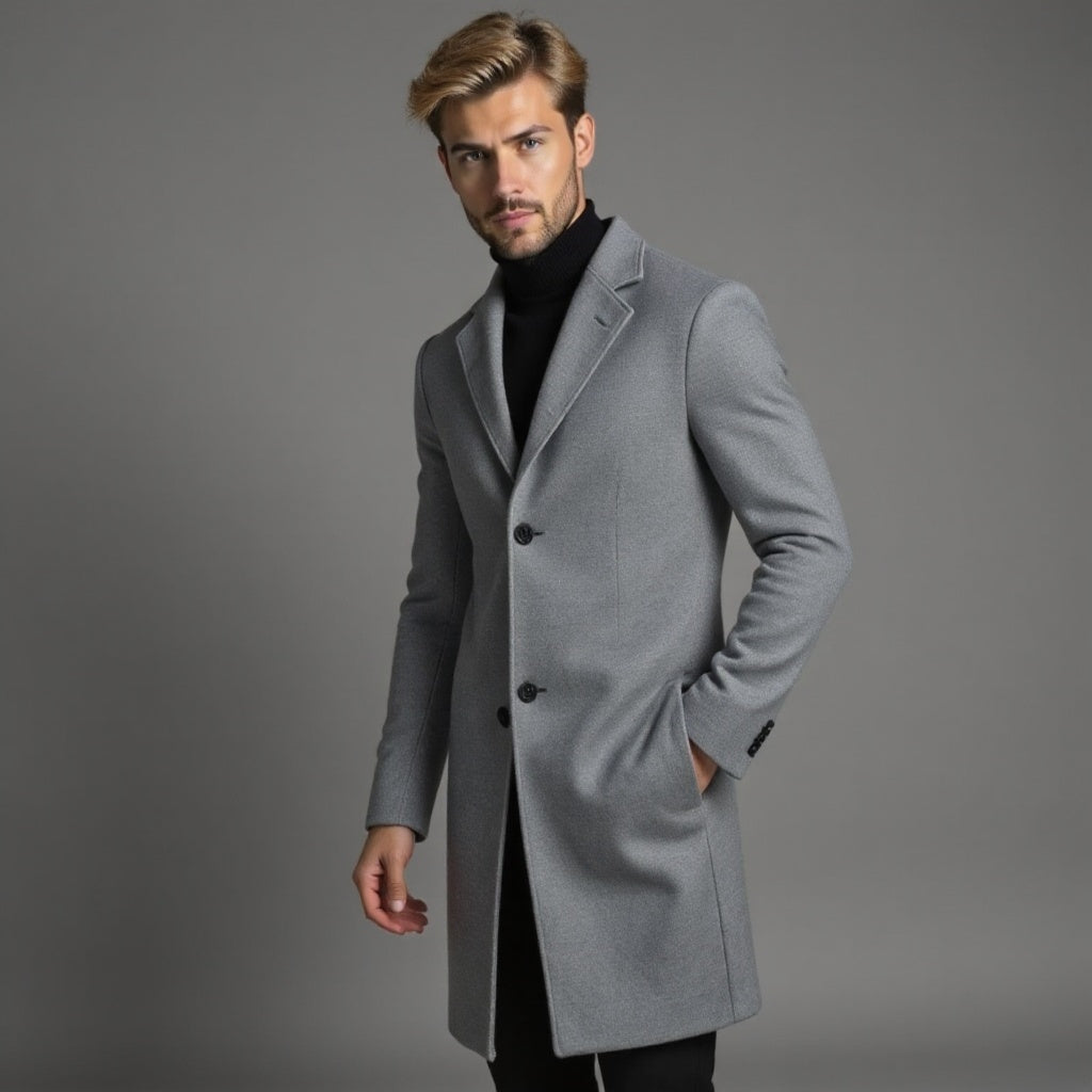 Cappotto slim fit da uomo monopetto al ginocchio