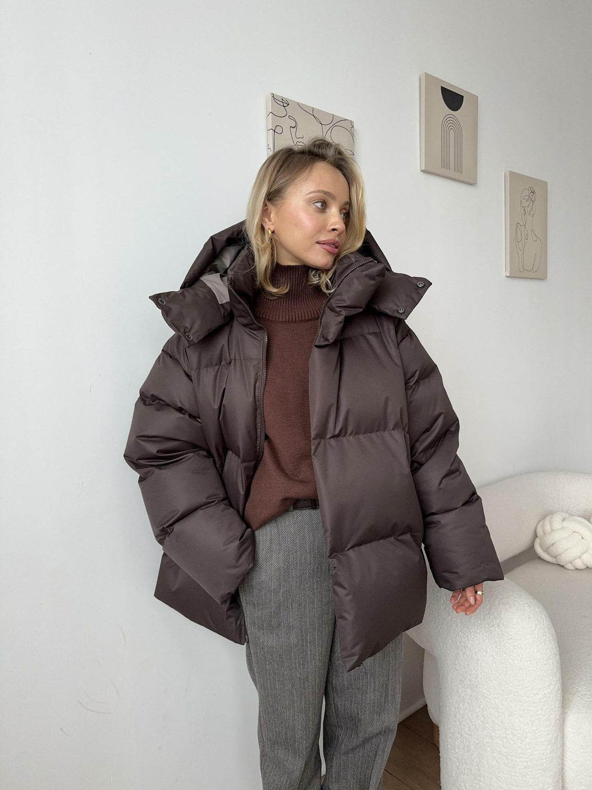 Giacca invernale da donna imbottita, stile puffer, con cappuccio e vestibilità oversize