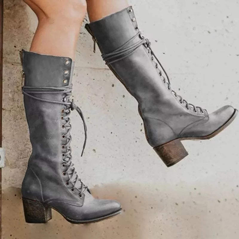 Bottes d’hiver femme jusqu’aux genoux à lacets | talon épais et fermeture éclair latérale