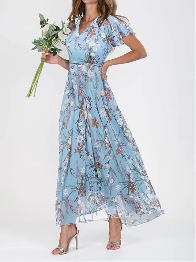 Rochie maxi de vară pentru femei, cu imprimeu floral, decolteu în V și mâneci cu volane