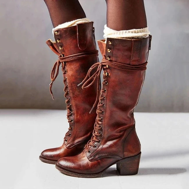 Bottes d’hiver femme jusqu’aux genoux à lacets | talon épais et fermeture éclair latérale