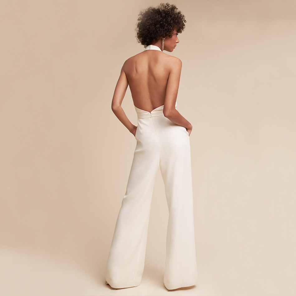 Tuta elegante da donna senza maniche, con profondo scollo a V e gamba larga