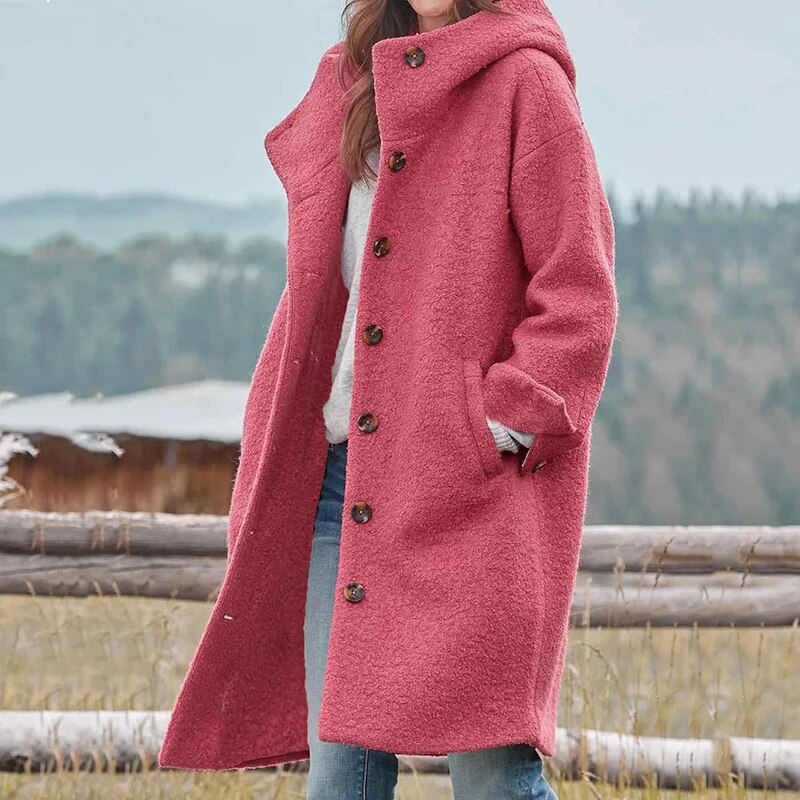 Cappotto lungo invernale da donna | chiusura con bottoni e tasche