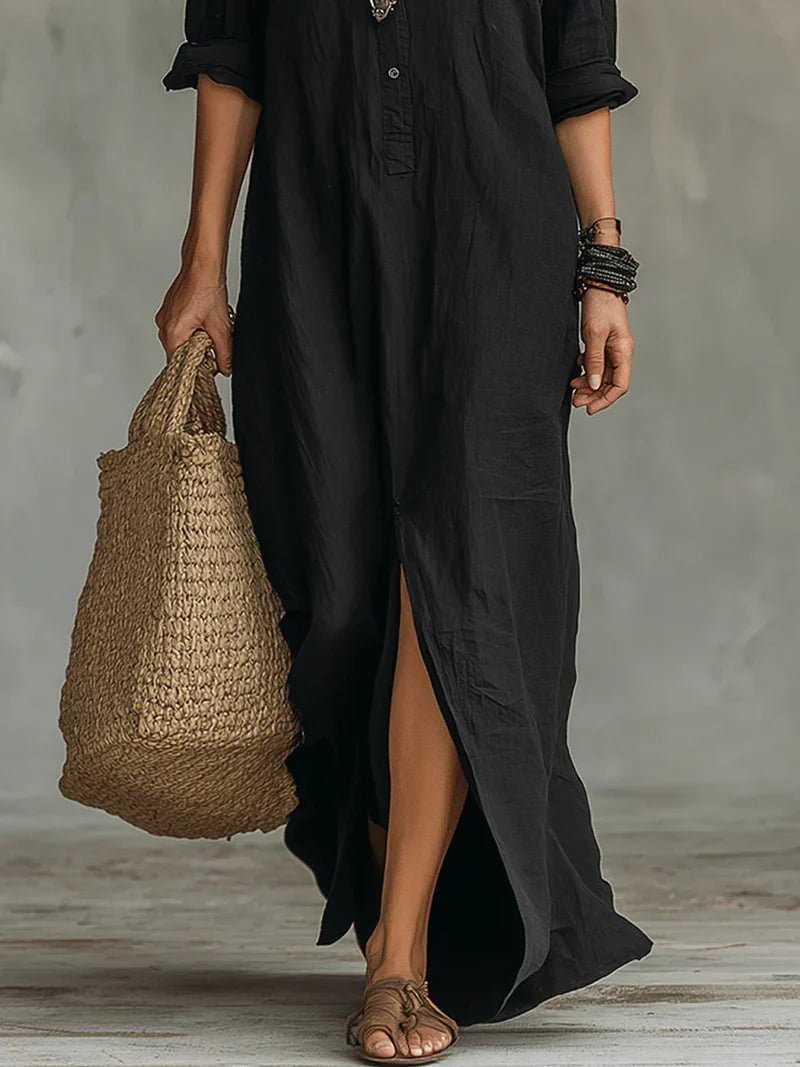 Czarna sukienka maxi damska zapinana na guziki - Iris Lifestyle