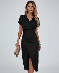 Elegancka sukienka midi kopertowa damska z rozcięciem - Cora Back