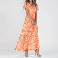 Rochie maxi de vară pentru femei, cu imprimeu floral, decolteu în V și mâneci cu volane