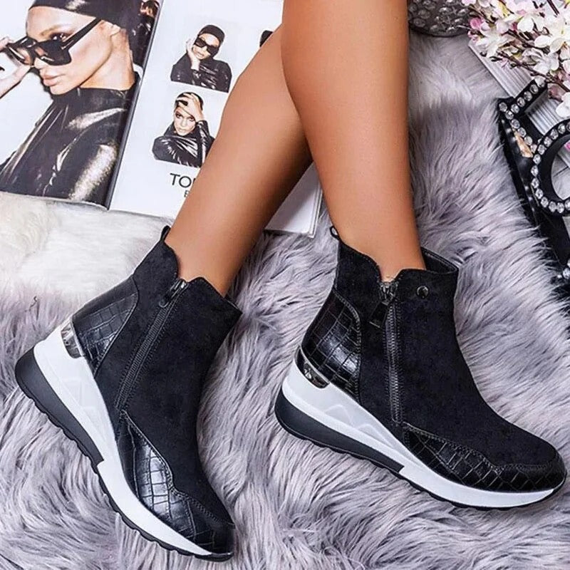 Bottines d’hiver femme fourrées à talon compensé et plateforme, avec fermeture éclair