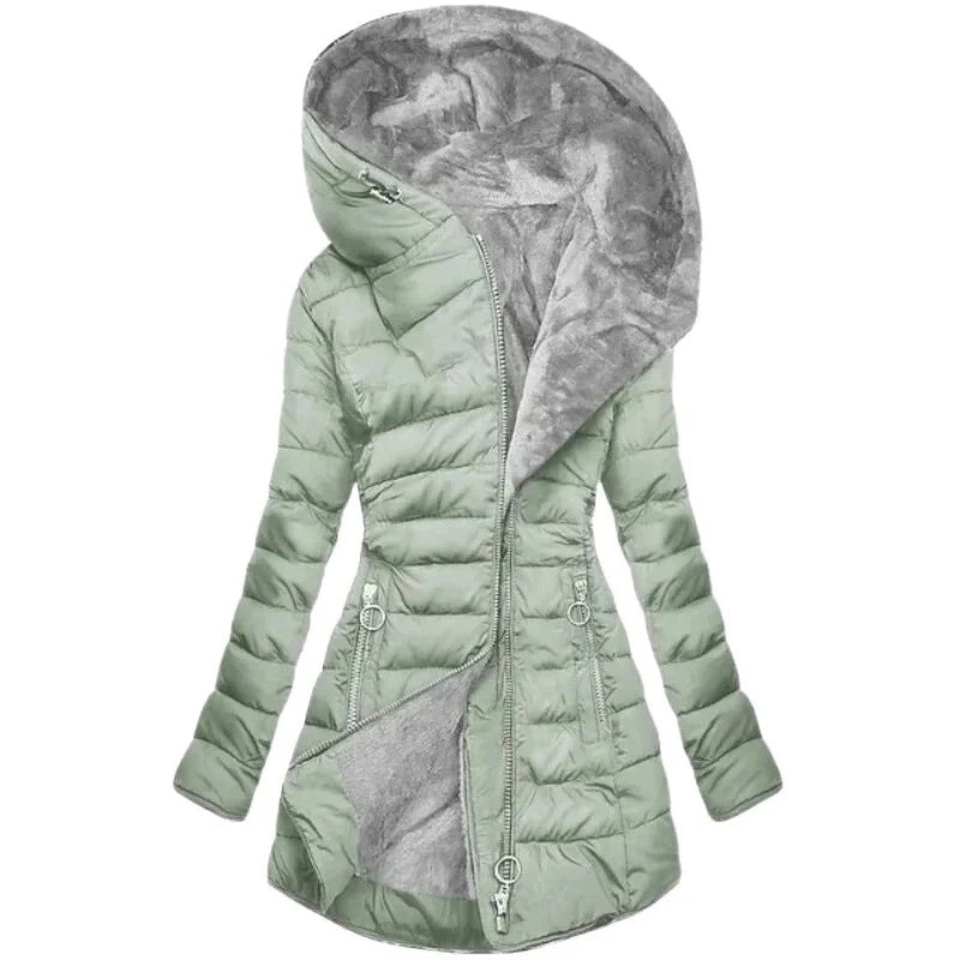 Giacca invernale da donna con cappuccio | Imbottita con fodera in peluche e cerniera asimmetrica