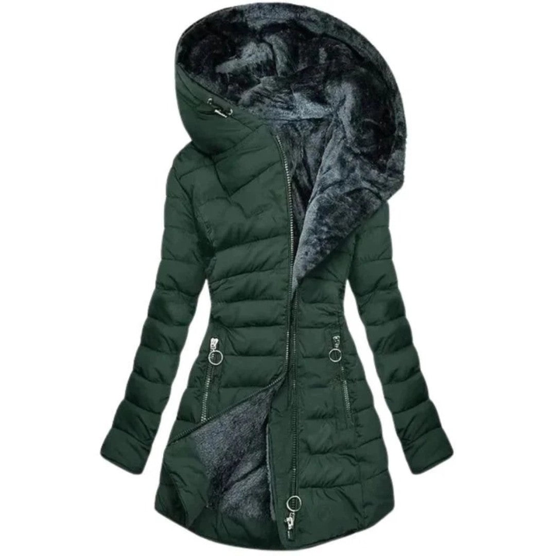 Giacca invernale da donna con cappuccio | Imbottita con fodera in peluche e cerniera asimmetrica