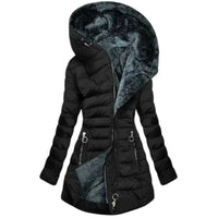 Giacca invernale da donna con cappuccio | Imbottita con fodera in peluche e cerniera asimmetrica