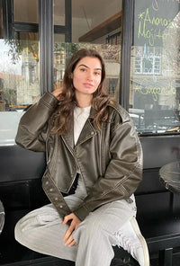 Veste courte en cuir pour femme, style perfecto, avec ceinture