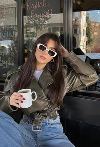 Veste courte en cuir pour femme, style perfecto, avec ceinture
