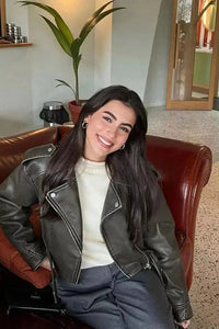 Veste courte en cuir pour femme, style perfecto, avec ceinture