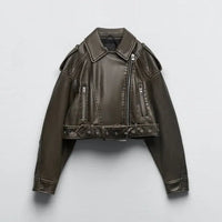 Veste courte en cuir pour femme, style perfecto, avec ceinture