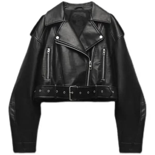 Giacca biker corta in pelle da donna con cintura