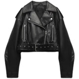 Veste courte en cuir pour femme, style perfecto, avec ceinture