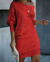 Women's One-Shoulder Sequin Midi Dress with Long Sleeves | For Parties and Receptions