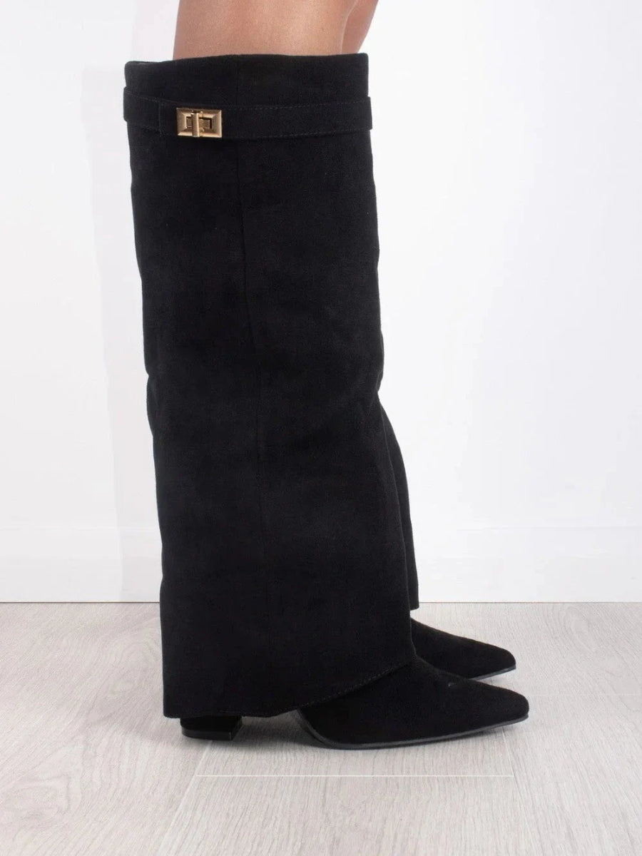 Dámske zimné čižmy po kolená s rozšírenou sárou | Hrubý podpätok, špicatá špička