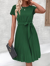 Flowy women's pleated midi dress with a belt - Thea